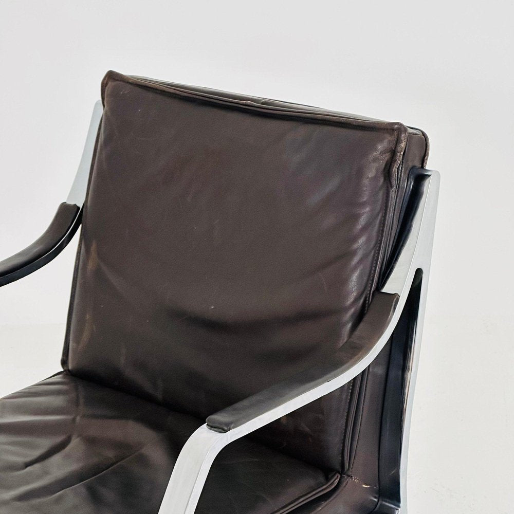 Mid-Century Alpha Steel and Leather Dark Brown Armchair by Preben Fabricius and George Kastholm for Walter Knoll, 1980s