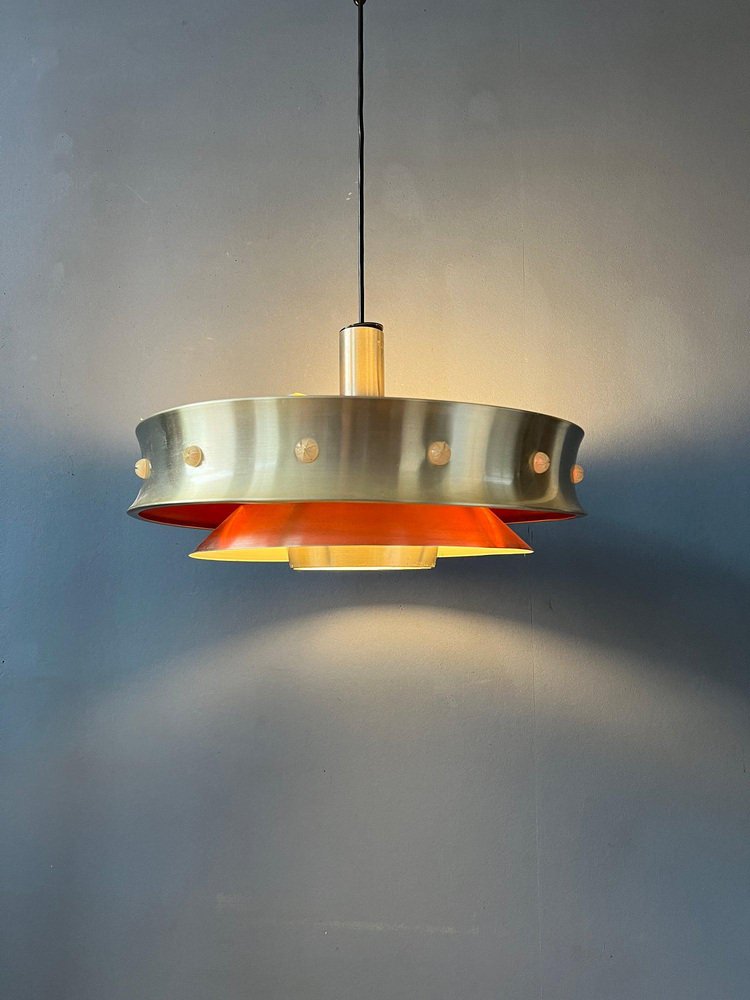 Mid-Century Aluminium Pendant Lamp with Orange Lacquer