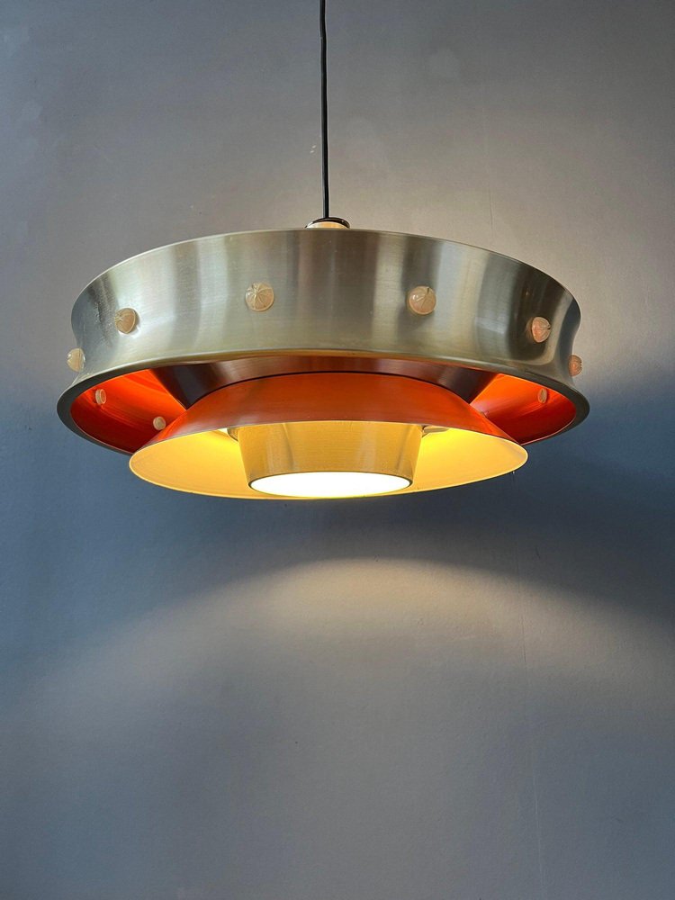 Mid-Century Aluminium Pendant Lamp with Orange Lacquer