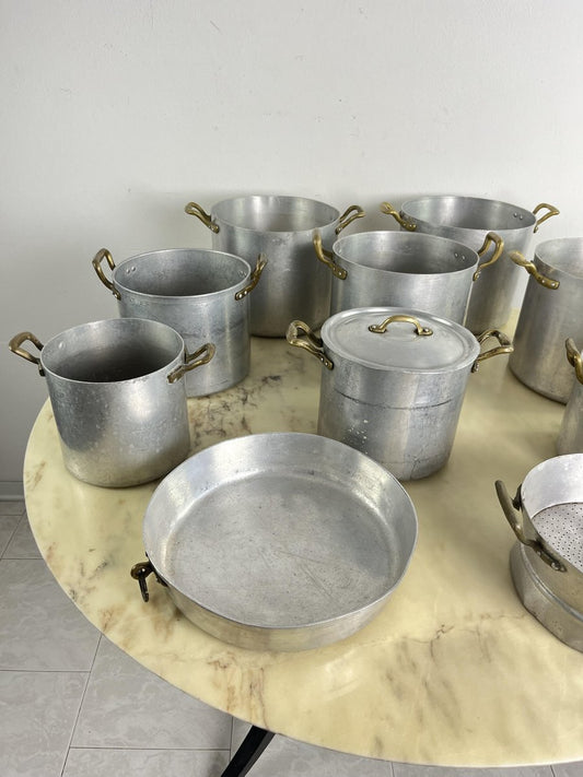 Mid-Century Aluminum and Brass Saucepans, Baking Tray and Sieve, 1940s, Set of 10