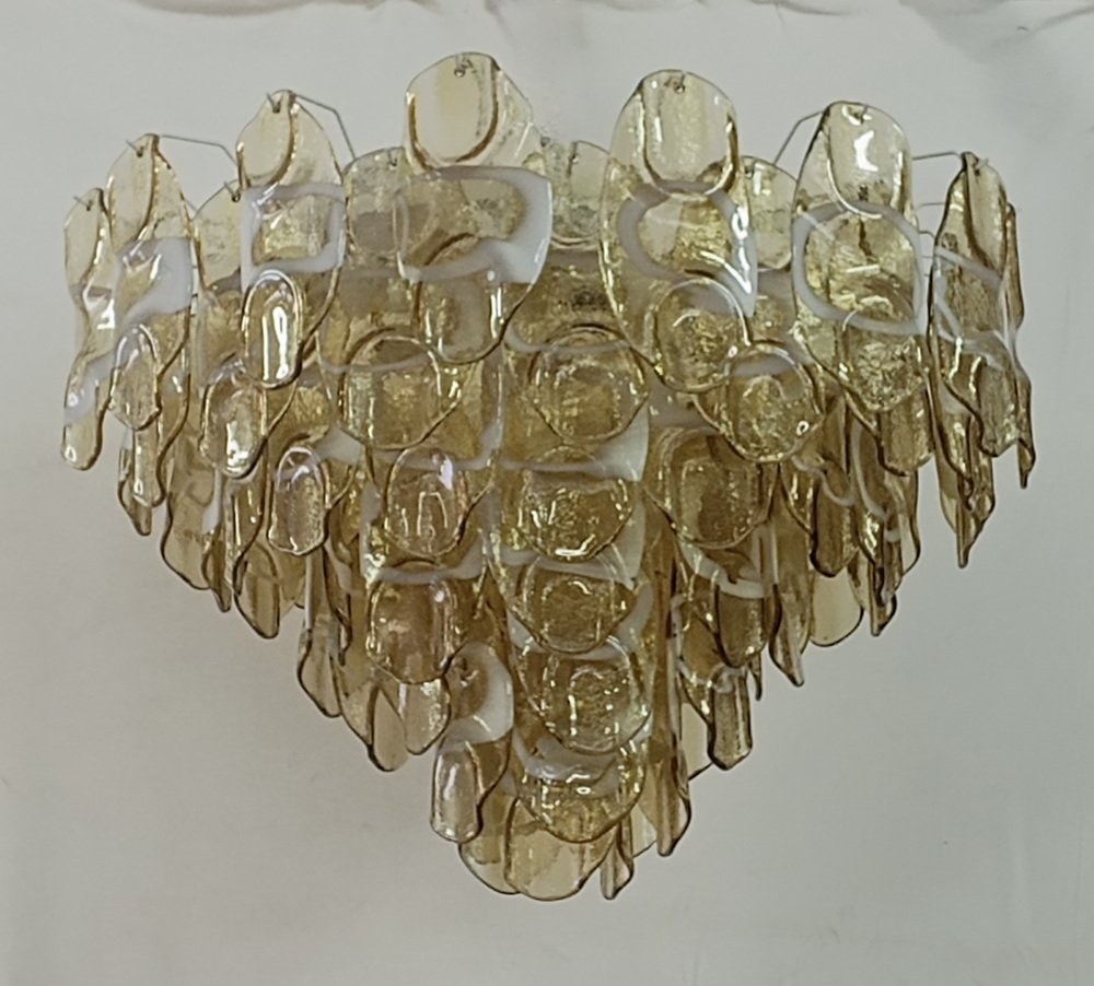 Mid-Century Amber and White Murano Glass Chandelier, 2000s