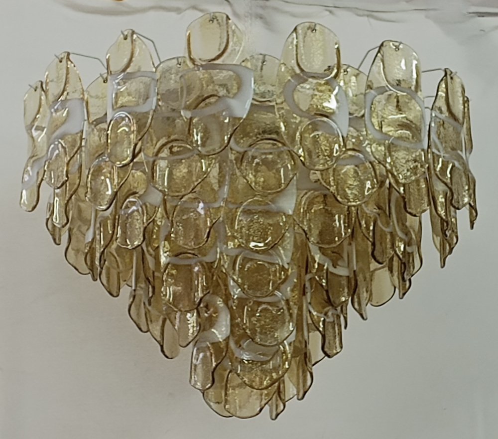 Mid-Century Amber and White Murano Glass Chandelier, 2000s