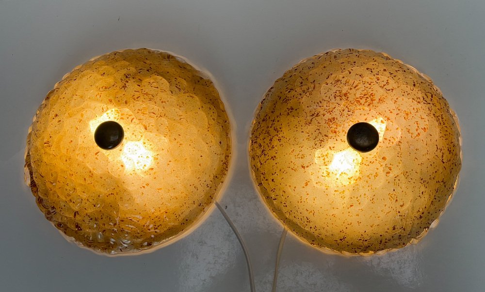 Mid-Century Amber Bubble Glass Flush Mounts, 1970s, Set of 2