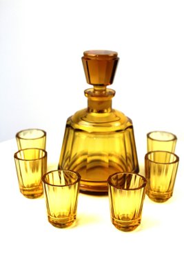 Mid-Century Amber Glass Liqueur Set from Moser Karlsbad, Set of 7-ZWH-697679