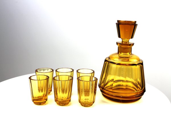 Mid-Century Amber Glass Liqueur Set from Moser Karlsbad, Set of 7-ZWH-697679