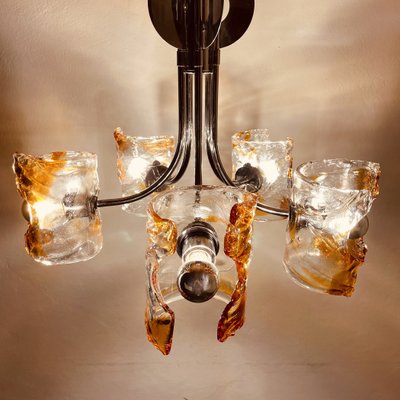 Mid-Century Amber Murano & Chrome Chandelier by Toni Zuccheri for Mazzega, Italy, 1970s-WQC-1000424