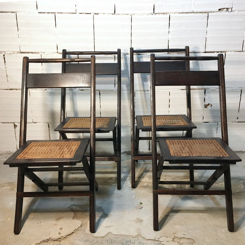 Mid-Century American Walnut and Straw Folding Chairs, 1950s, Set of 4