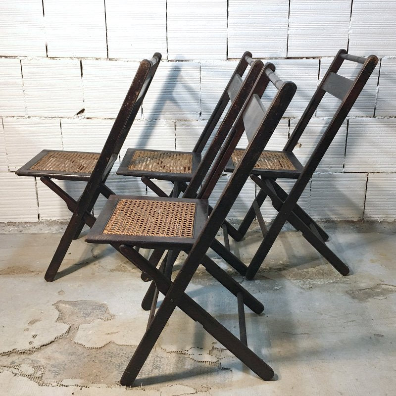 Mid-Century American Walnut and Straw Folding Chairs, 1950s, Set of 4