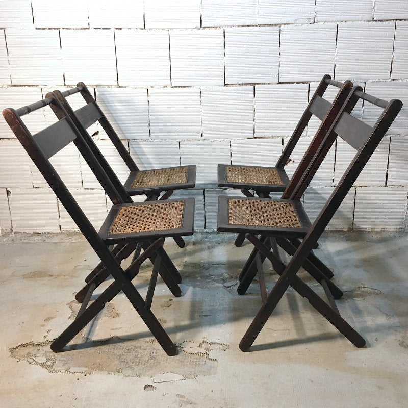 Mid-Century American Walnut and Straw Folding Chairs, 1950s, Set of 4