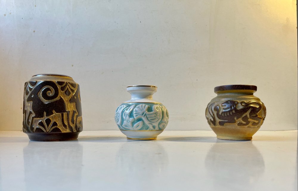 Mid-Century Animal Relief Vases in Ceramic by Michael Andersen & Son, 1960s, Set of 3