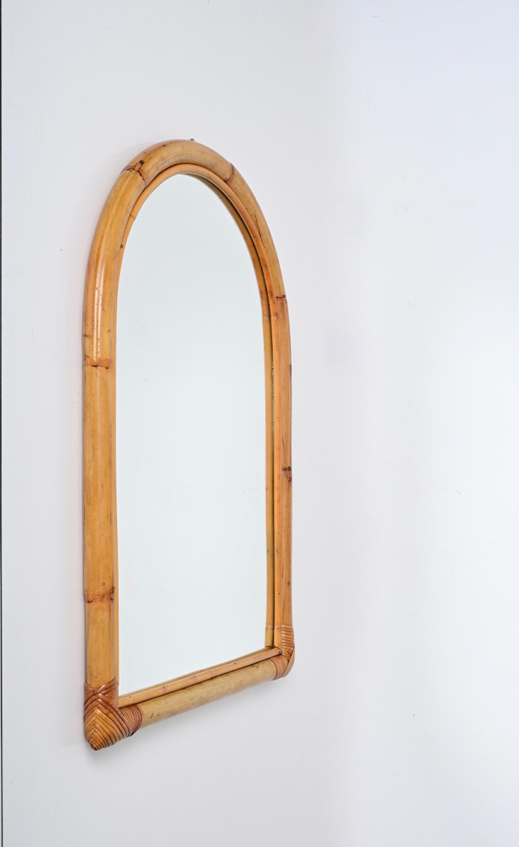 Mid-Century Arch Mirror with Double Bamboo Frame and Rattan Wicker, Italy, 1970s