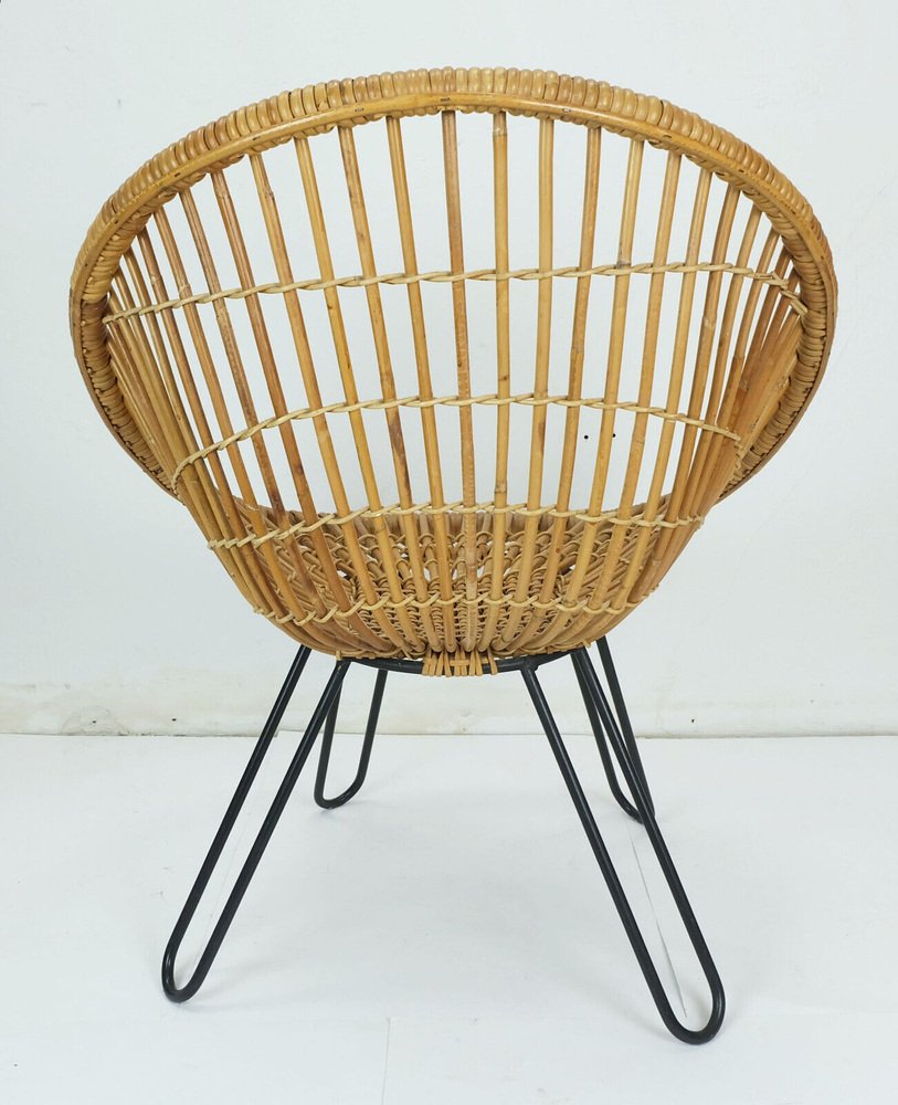 Mid-Century Armchair in Bamboo Wicker with Hairpin Legs, 1960s