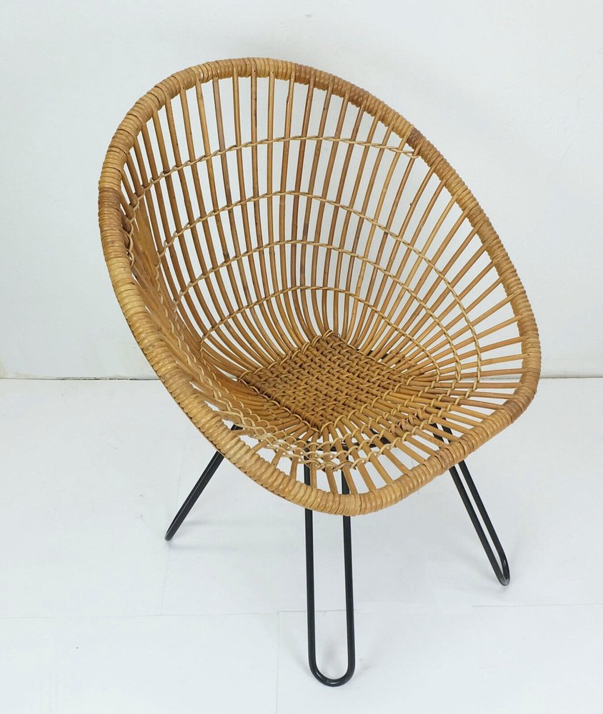 Mid-Century Armchair in Bamboo Wicker with Hairpin Legs, 1960s