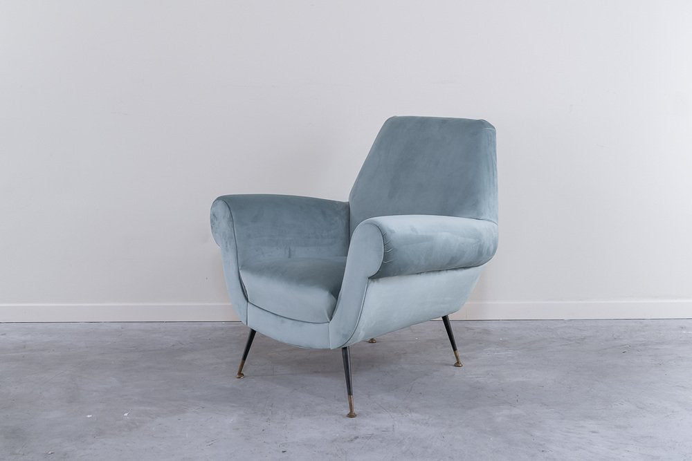 Mid-Century Armchair in Blue Velvet Upholstery, 1950s