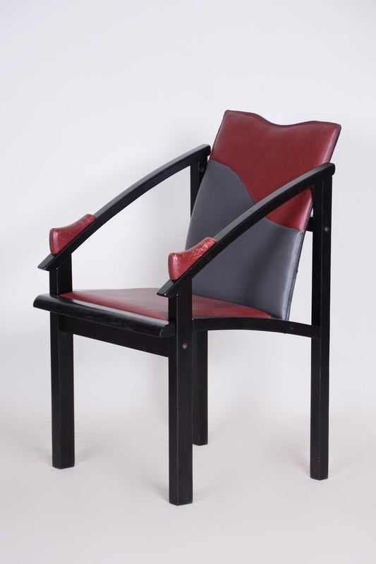 Mid-Century Armchair in Lacquered Wood & Leather, 1970s