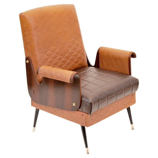 Mid-Century Armchair in Walnut and Faux Leather, Italy, 1960s