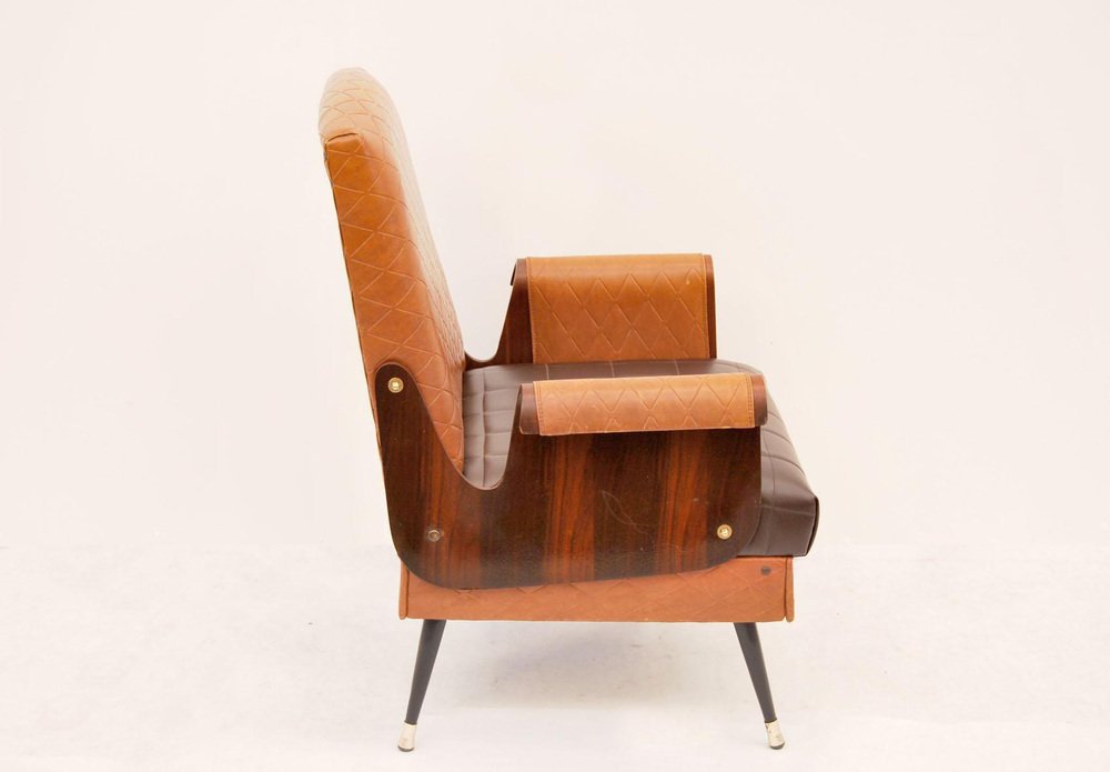 Mid-Century Armchair in Walnut and Faux Leather, Italy, 1960s