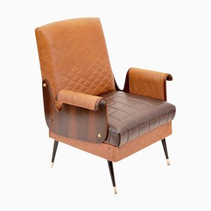 Mid-Century Armchair in Walnut and Faux Leather, Italy, 1960s-CGZ-1805076