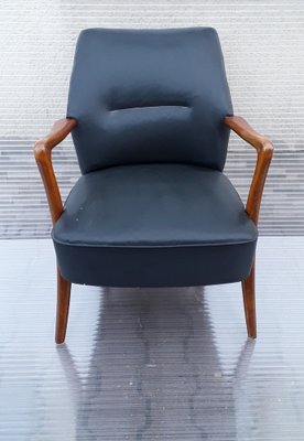 Mid-Century Armchair with Walnut Frame and Gray Vinyl Cover, 1950s-HOI-1755844