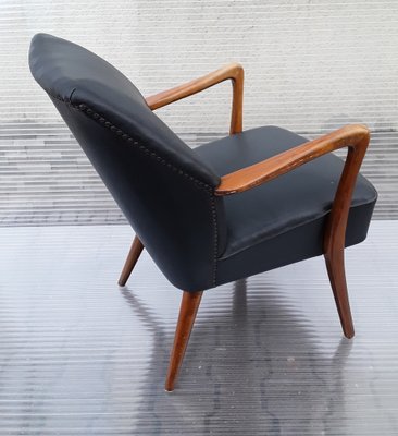 Mid-Century Armchair with Walnut Frame and Gray Vinyl Cover, 1950s-HOI-1755844