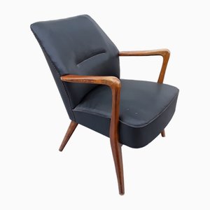 Mid-Century Armchair with Walnut Frame and Gray Vinyl Cover, 1950s-HOI-1755844