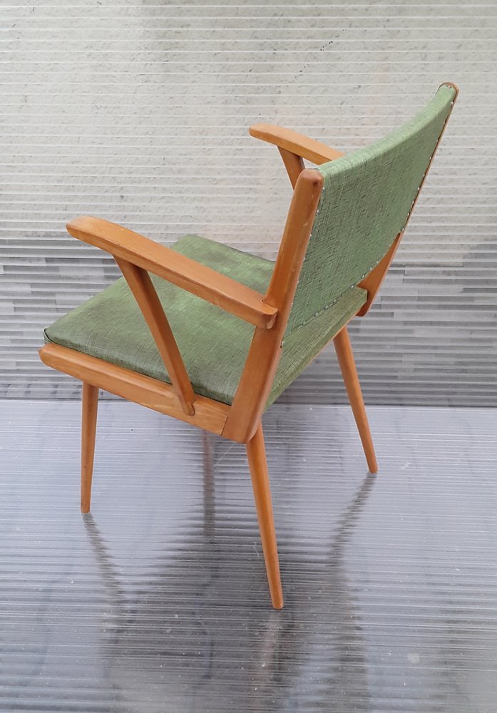 Mid-Century Armchair with Yellow-Brown Beech Frame and Green Vinyl Cover, 1960s