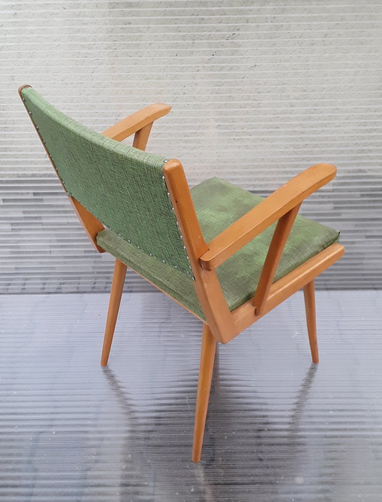 Mid-Century Armchair with Yellow-Brown Beech Frame and Green Vinyl Cover, 1960s