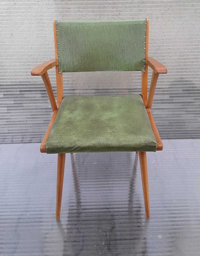 Mid-Century Armchair with Yellow-Brown Beech Frame and Green Vinyl Cover, 1960s