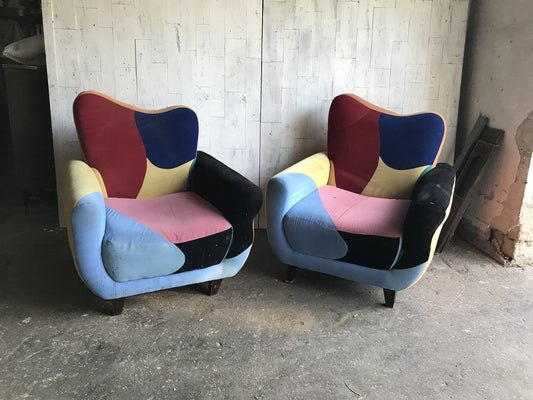 Mid-Century Armchairs in Multicoloured Fabric with Black Painted Legs, Set of 2