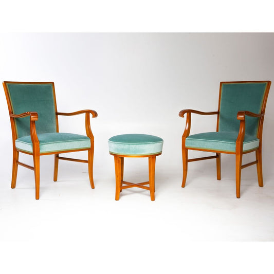 Mid-Century Armchairs & Stool, Set of 3