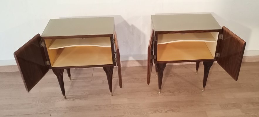 Mid-Century Art Deco Italian Nightstands in Walnut with Glass Tops, 1950s, Set of 2-BZF-1716425