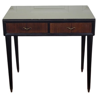 Mid-Century Art Deco Italian Walnut Brass Glass Top Desk Writing Table-EUP-1704213