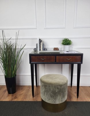 Mid-Century Art Deco Italian Walnut Brass Glass Top Desk Writing Table-EUP-1704213