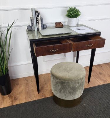 Mid-Century Art Deco Italian Walnut Brass Glass Top Desk Writing Table-EUP-1704213