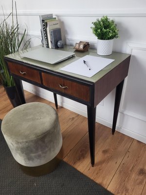 Mid-Century Art Deco Italian Walnut Brass Glass Top Desk Writing Table-EUP-1704213