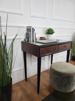 Mid-Century Art Deco Italian Walnut Brass Glass Top Desk Writing Table-EUP-1704213