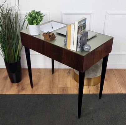 Mid-Century Art Deco Italian Walnut Brass Glass Top Desk Writing Table-EUP-1704213