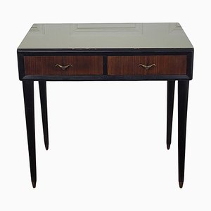 Mid-Century Art Deco Italian Walnut Brass Glass Top Desk Writing Table-EUP-1704213