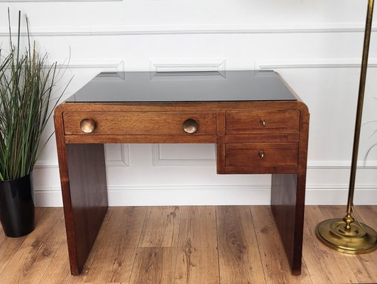 Mid-Century Art Deco Italian Walnut, Burl & Glass Waterfall Writing Desk by Paolo Buffa, 1940s-EUP-2034156