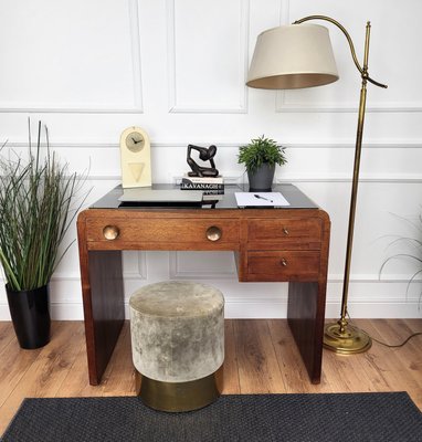 Mid-Century Art Deco Italian Walnut, Burl & Glass Waterfall Writing Desk by Paolo Buffa, 1940s-EUP-2034156