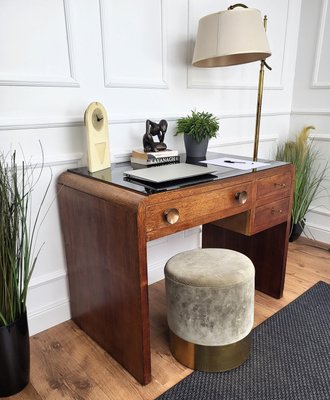 Mid-Century Art Deco Italian Walnut, Burl & Glass Waterfall Writing Desk by Paolo Buffa, 1940s-EUP-2034156