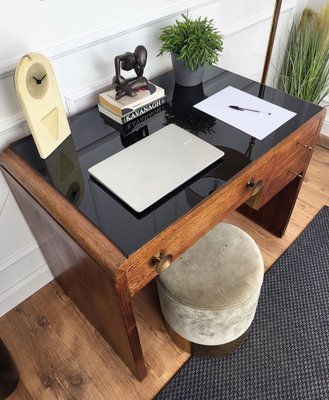 Mid-Century Art Deco Italian Walnut, Burl & Glass Waterfall Writing Desk by Paolo Buffa, 1940s-EUP-2034156