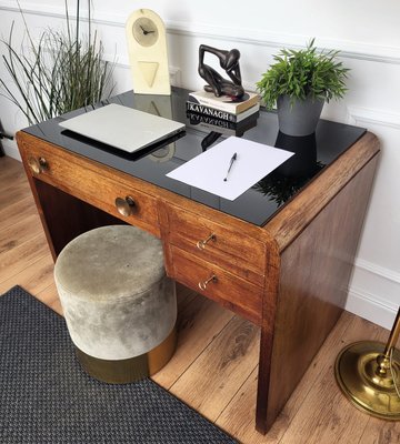 Mid-Century Art Deco Italian Walnut, Burl & Glass Waterfall Writing Desk by Paolo Buffa, 1940s-EUP-2034156