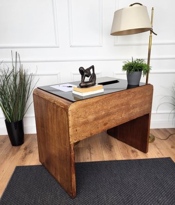 Mid-Century Art Deco Italian Walnut, Burl & Glass Waterfall Writing Desk by Paolo Buffa, 1940s-EUP-2034156