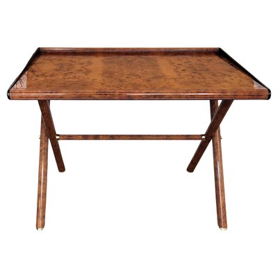 Mid-Century Art Deco Italian Writing Desk in Veneer Burl Briar Wood and Brass, 1970s-EUP-2034157