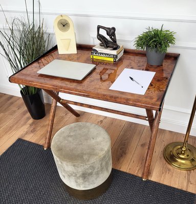 Mid-Century Art Deco Italian Writing Desk in Veneer Burl Briar Wood and Brass, 1970s-EUP-2034157