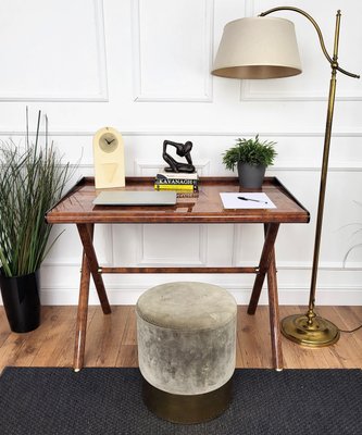 Mid-Century Art Deco Italian Writing Desk in Veneer Burl Briar Wood and Brass, 1970s-EUP-2034157