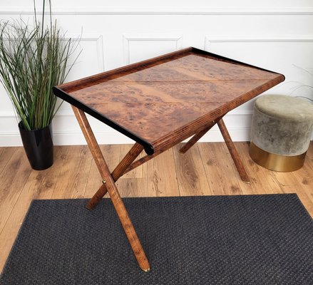 Mid-Century Art Deco Italian Writing Desk in Veneer Burl Briar Wood and Brass, 1970s-EUP-2034157