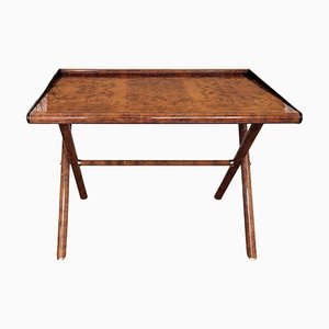 Mid-Century Art Deco Italian Writing Desk in Veneer Burl Briar Wood and Brass, 1970s-EUP-2034157