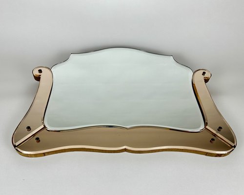 Mid-Century Art Deco Mirror with Rose Glass Scalloped Edge Frame-GYX-1716711